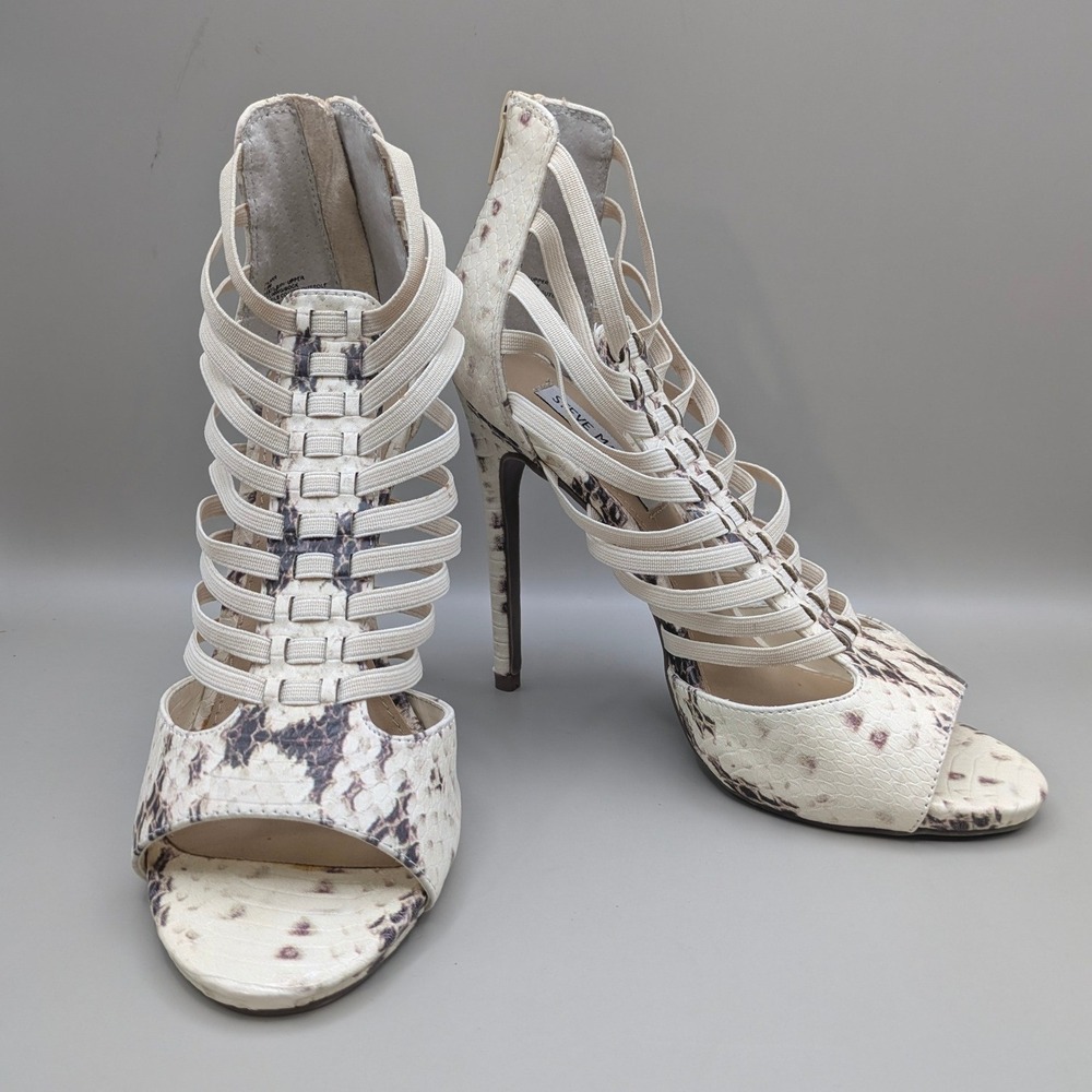 Steve Madden Pilarr Caged Strappy Stiletto Beige Faux Snake Skin Size 7.5